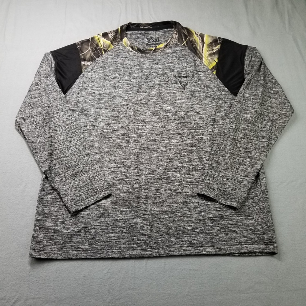 Huntworth T-Shirt Mens Size 2XL Deer Hunting Gray Camo Long Sleeve Polyester